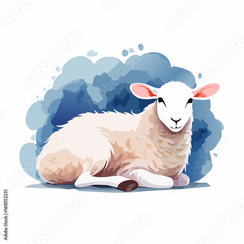 A serene, fluffy white lamb with pink ears resting peacefully, depicted in a soft, stylized watercolor illustration.