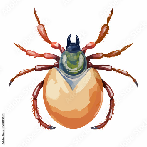 Detailed illustration of an engorged parasitic tick with a beige abdomen, shiny scutum, and hairy legs.