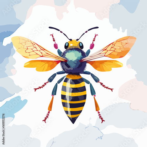 Stylized bee illustration with a fuzzy blue thorax, striped abdomen, and vibrant yellow wings.