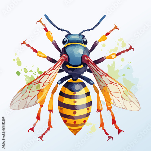 Stylized watercolor illustration of a wasp with a blue head and yellow striped abdomen.