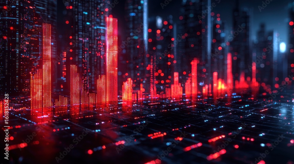 Fototapeta premium Futuristic Cityscape with Digital Graphics and Neon Lights at Night