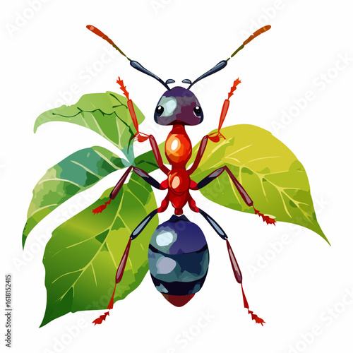Stylized red and blue ant with large eyes and shiny exoskeleton, resting on vibrant green leaves.