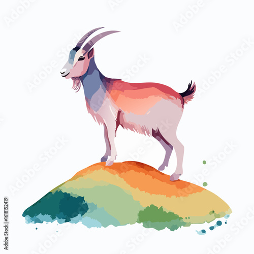 Colorful mountain goat with curved horns and a beard, standing proudly in a vibrant watercolor style.