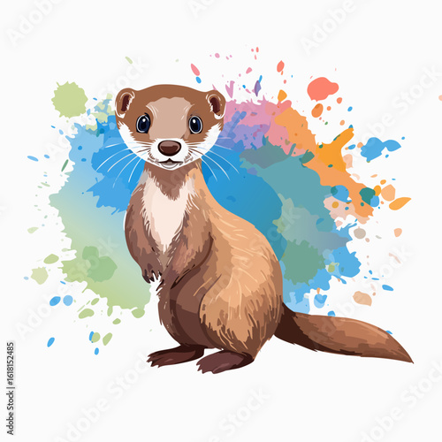 Charming cartoon weasel with big blue eyes and white chest, standing curiously on its hind legs.
