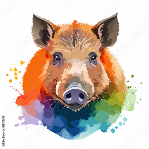 Wild boar head illustration with vibrant rainbow watercolor splashes and detailed fur.