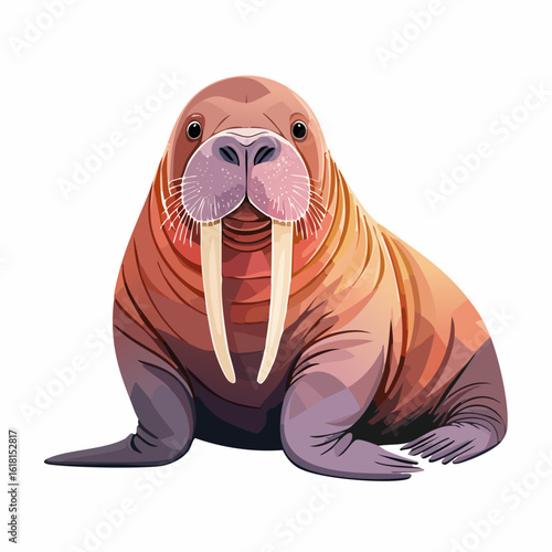 Stylized illustration of a sitting walrus with wrinkled skin, long ivory tusks, and a pink snout.
