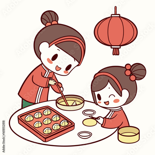 Kawaii Vector of Chibi Children in Jade Green Outfits Making Dumplings for Spring Festival

