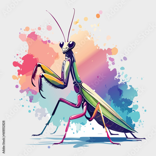 Vibrant, stylized praying mantis illustration with a cheerful smile and colorful body.