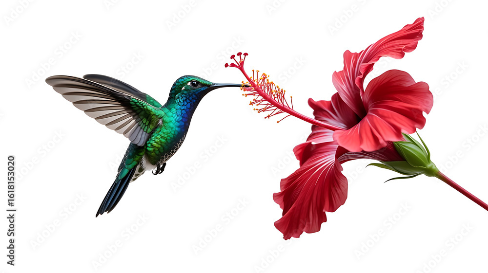 Obraz premium Hummingbird feeding on hibiscus isolated on white background