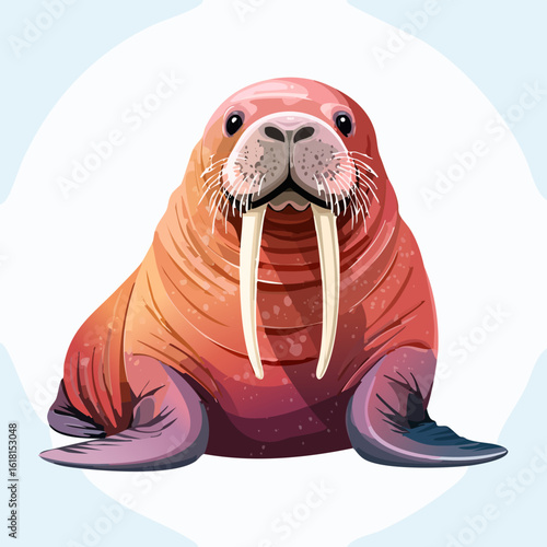 A friendly, sitting walrus illustration with wrinkled reddish skin, long tusks, and whiskers.