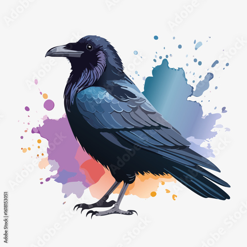 Stylized raven illustration with iridescent blue and purple feathers and colorful watercolor splashes.