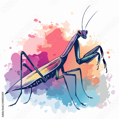 Vibrant watercolor praying mantis illustration in a graphic style with bold ink outlines and a classic predatory pose.