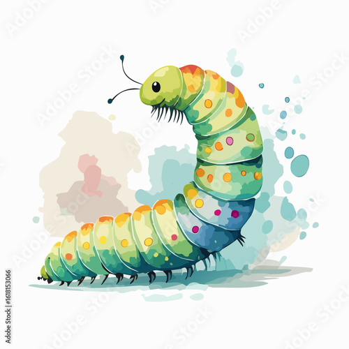 Charming watercolor caterpillar with a colorful segmented body, vibrant spots, and a friendly smile.