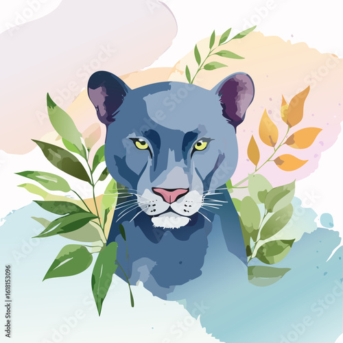 Stylized blue panther portrait with intense yellow eyes and botanical watercolor elements.