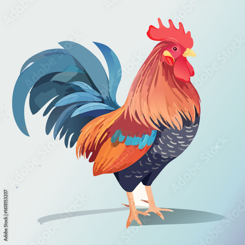 Proud rooster with vibrant plumage, featuring a red comb, orange neck, and flowing blue tail feathers.