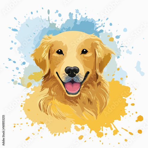 Stylized vector portrait of a happy Golden Retriever with a friendly smile and painterly fur.