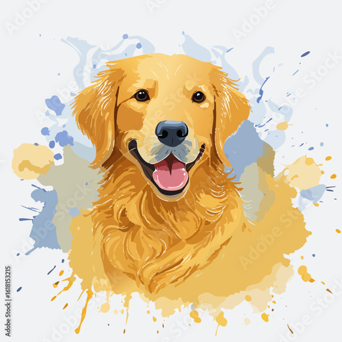 Cheerful Golden Retriever dog portrait in a vibrant, painterly watercolor style.
