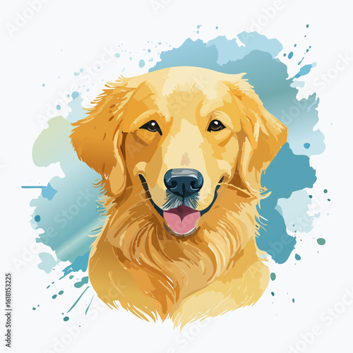 Cheerful Golden Retriever portrait illustration with a happy, smiling expression and flowing, textured golden fur.