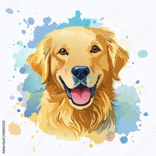 Artistic watercolor portrait of a smiling Golden Retriever with happy eyes and golden fur.