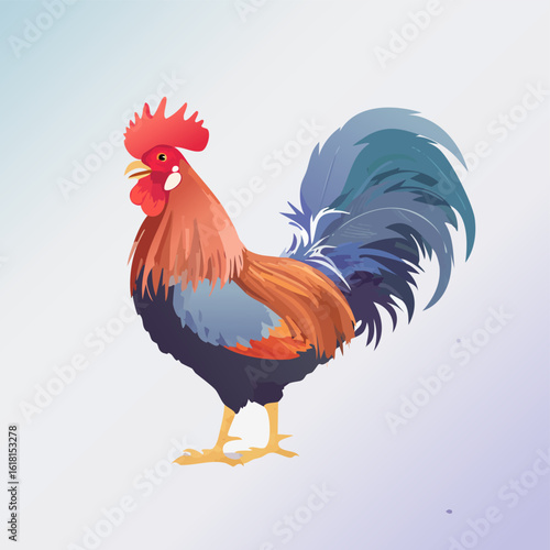 Colorful rooster illustration with a bright red comb, orange body, and flowing blue tail feathers.