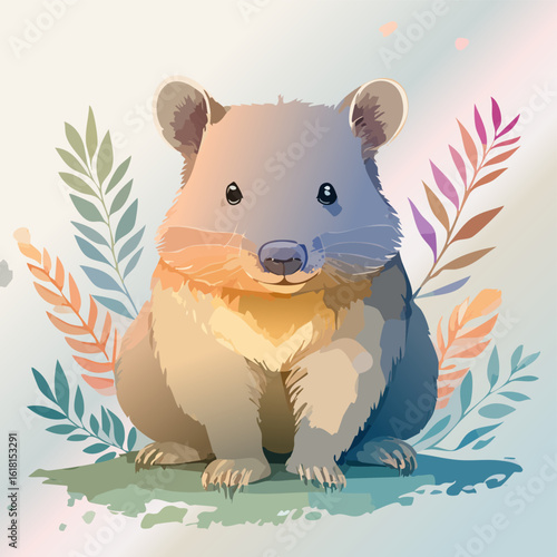 Charming watercolor quokka with soft fur and warm tones, sitting among pastel foliage.