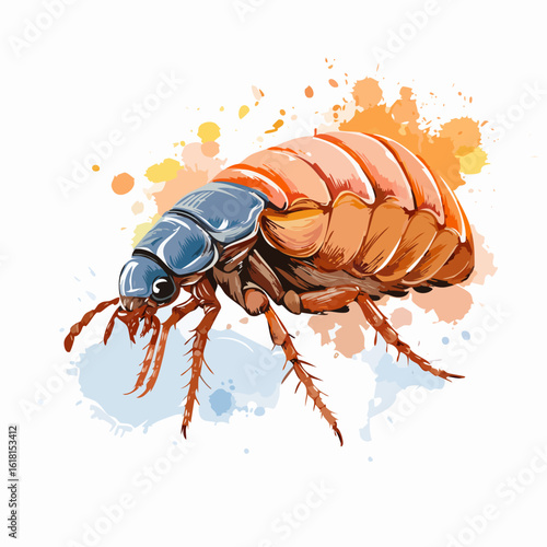 Stylized vector illustration of a flea with a blue head and orange segmented body.
