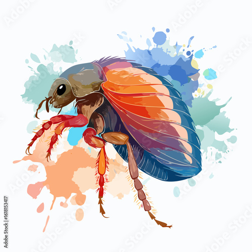 Stylized flea illustration with vibrant orange and blue body, and spiny red legs.