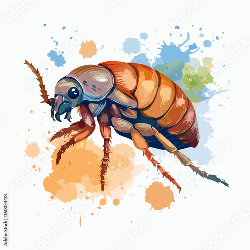 Artistic vector illustration of a brown flea with a segmented body and spiny legs.