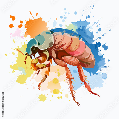 Vibrant watercolor illustration of a stylized flea with colorful paint splatters. Artistic insect with spiny legs and a segmented body.