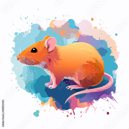 Artistic watercolor illustration of a vibrant orange mouse with pink ears and a long tail.