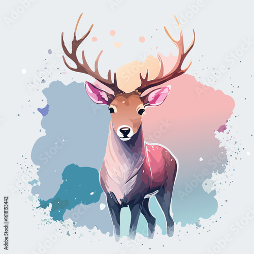 Majestic stag with large antlers and pink ears, illustrated in a soft, modern watercolor style.