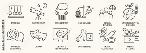 Modern school subjects doodle icon set. Cute hand drawn sketch illustrations of physics, astronomy, economics, media, engineering, philosophy. Black and white cartoon art for educational topics.