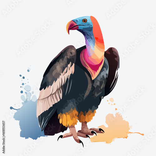 Vibrant vulture illustration with a colorful bald head, dark feathers, and watercolor splashes.