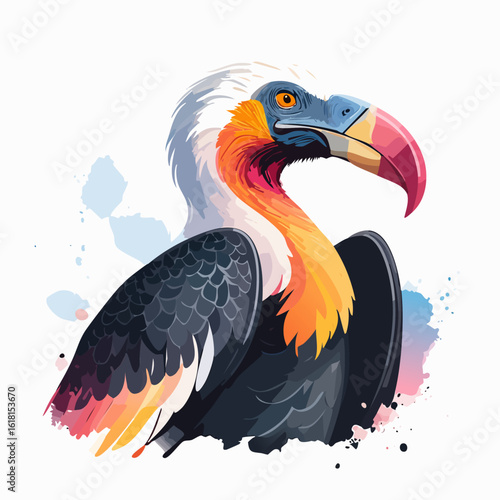 Artistic watercolor portrait of a colorful hornbill with a large, vibrant beak.