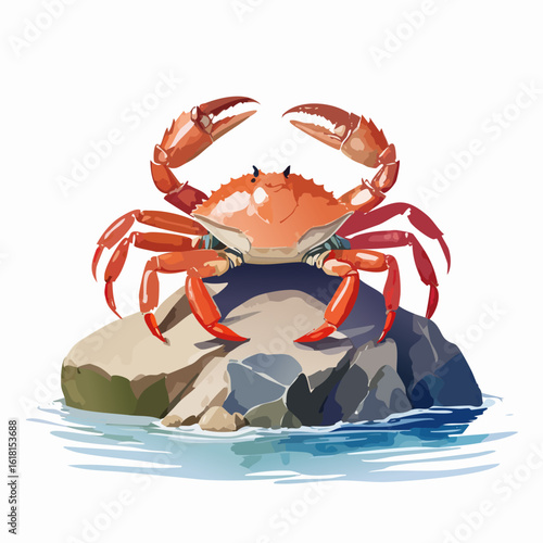 Illustrated red crab with raised pincers, standing proudly on a wet coastal rock.