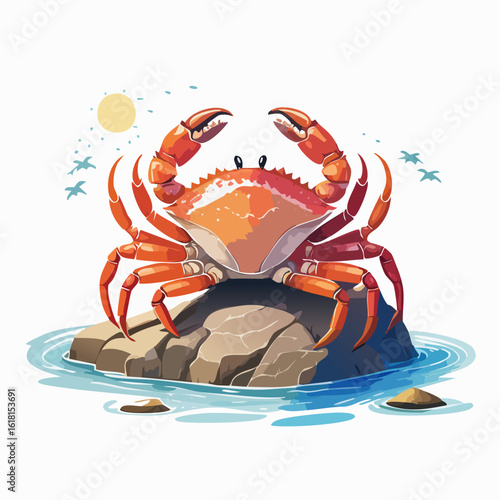 Illustrated Red Crab with a Glossy Shell and Raised Pincers in a Defensive Pose