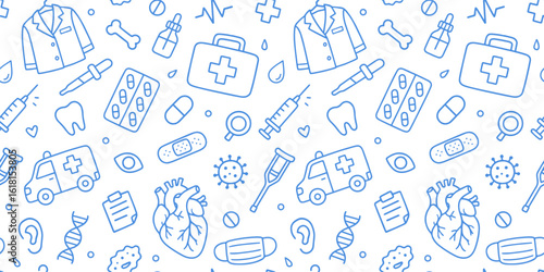 Medical doodle seamless pattern background. Cute hand drawn sketch illustrations of heart, syringe, pills, ambulance, mask, tooth. Black and white cartoon art for healthcare.