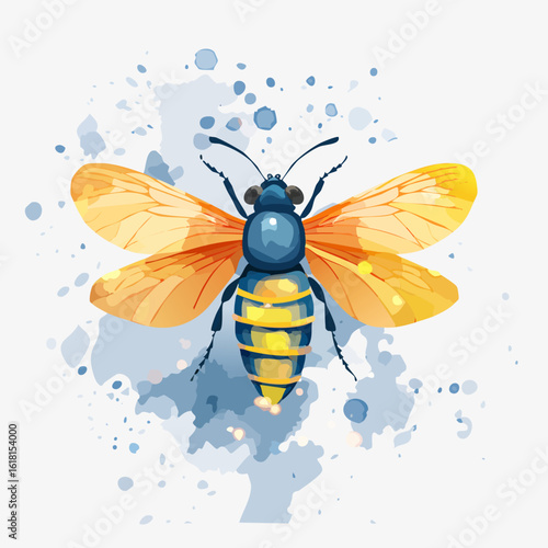Stylized watercolor bee with a blue body, yellow stripes, and vibrant translucent orange wings.