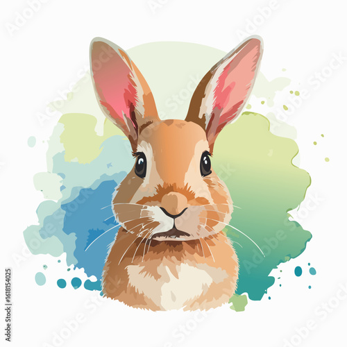 Charming watercolor portrait of a fluffy brown rabbit with long ears and curious black eyes, in an artistic vector style.