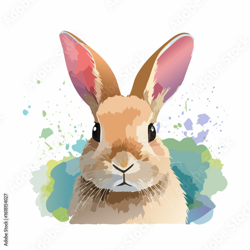 Artistic watercolor portrait of a cute brown rabbit with large pink ears and colorful paint splashes.