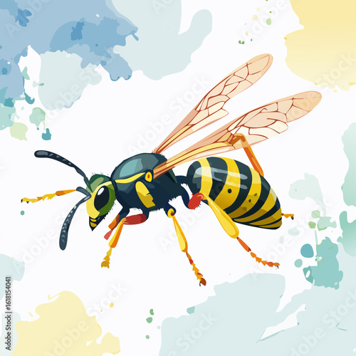 Stylized illustration of a flying wasp with vibrant yellow and black stripes and detailed translucent wings.
