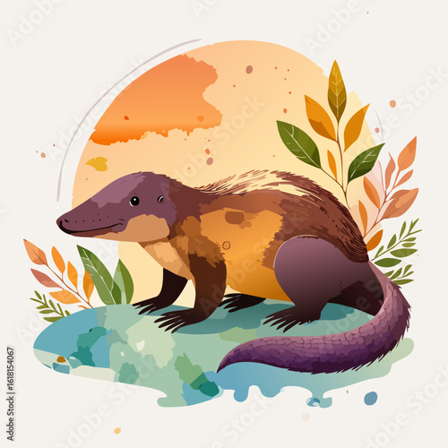 A unique mammal-like creature with a long snout, shaggy brown fur, and a distinctive purple scaly tail.
