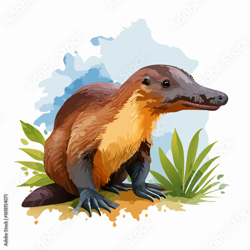 Detailed vector illustration of a semi-aquatic platypus with brown fur, webbed feet, and a distinctive duck-bill.