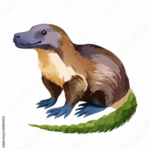 Fantastical hybrid creature with a platypus bill, brown fur, blue webbed feet, and a long green reptilian tail.
