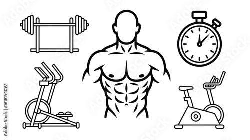 Vector illustration of fitness equipment and muscular man for bodybuilding and exercise training