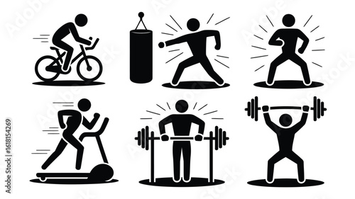 Vector illustration of various fitness activities including weightlifting, running, cycling, and boxing