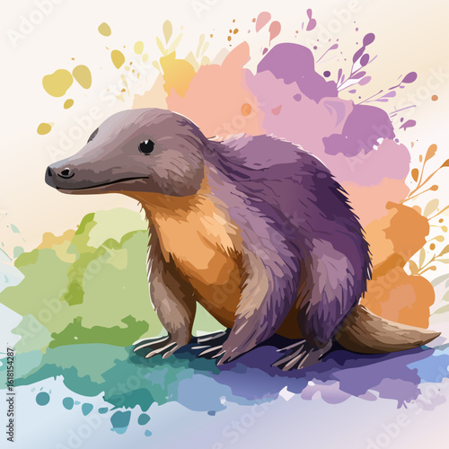 Artistic watercolor illustration of a unique platypus with purple and orange fur.