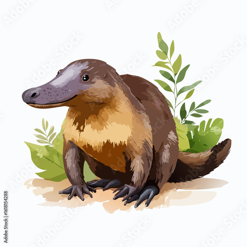 Charming platypus illustration with a duck-like bill, soft brown fur, and webbed feet, sitting in a calm pose.