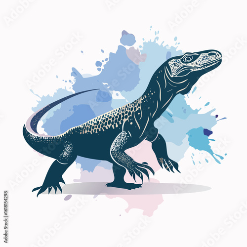 Stylized dark blue Komodo dragon illustration with intricate white scale patterns and an alert pose.