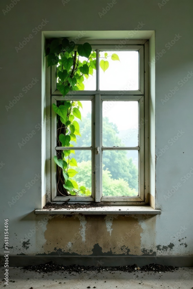 Fototapeta premium A weathered windowsill, stained and aged, frames a view of lush green foliage pushing through a pane of glass, a testament to nature's persistent growth and reclamation